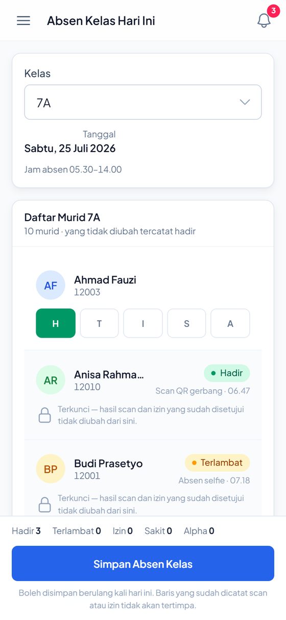 Halaman absen kelas: daftar murid dengan pilihan status H T I S A, murid hasil scan gerbang berstatus terkunci