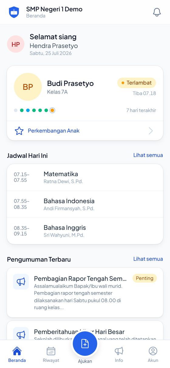 Beranda orang tua: kartu anak berstatus terlambat beserta jam tiba, jadwal pelajaran hari ini, dan pengumuman terbaru