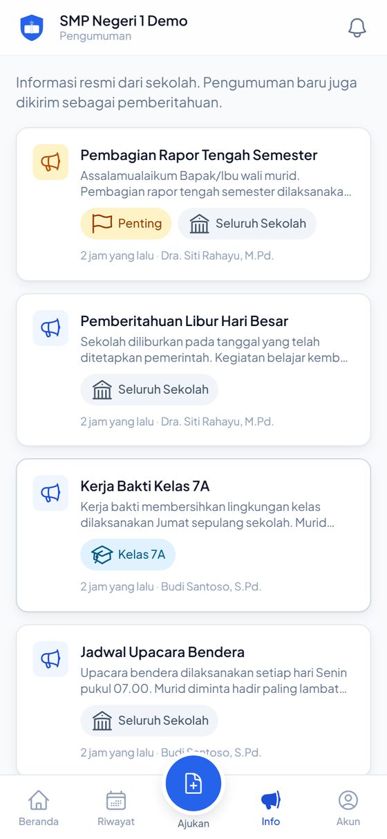 Feed pengumuman sekolah dengan pengumuman tersemat berlabel penting