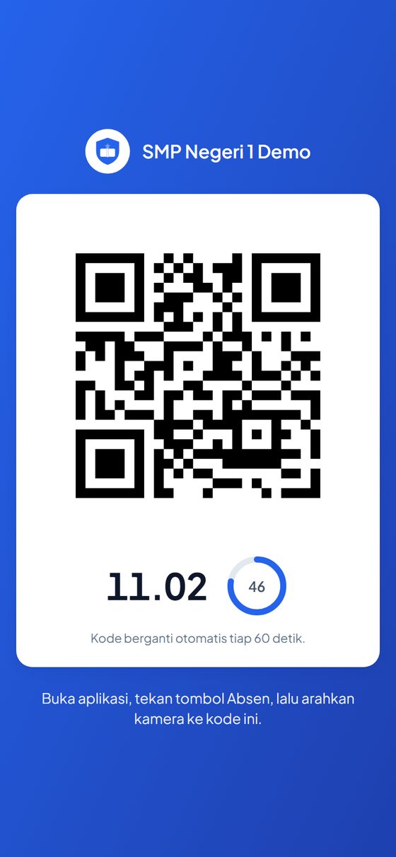 Layar QR gerbang dengan kode besar, jam digital, dan cincin hitung mundur 60 detik