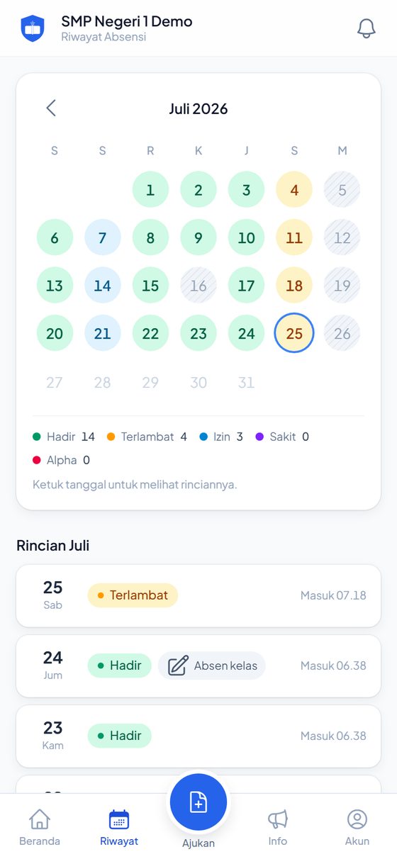 Kalender riwayat absensi sebulan dengan tanggal berkode warna hijau, kuning, dan biru beserta rinciannya